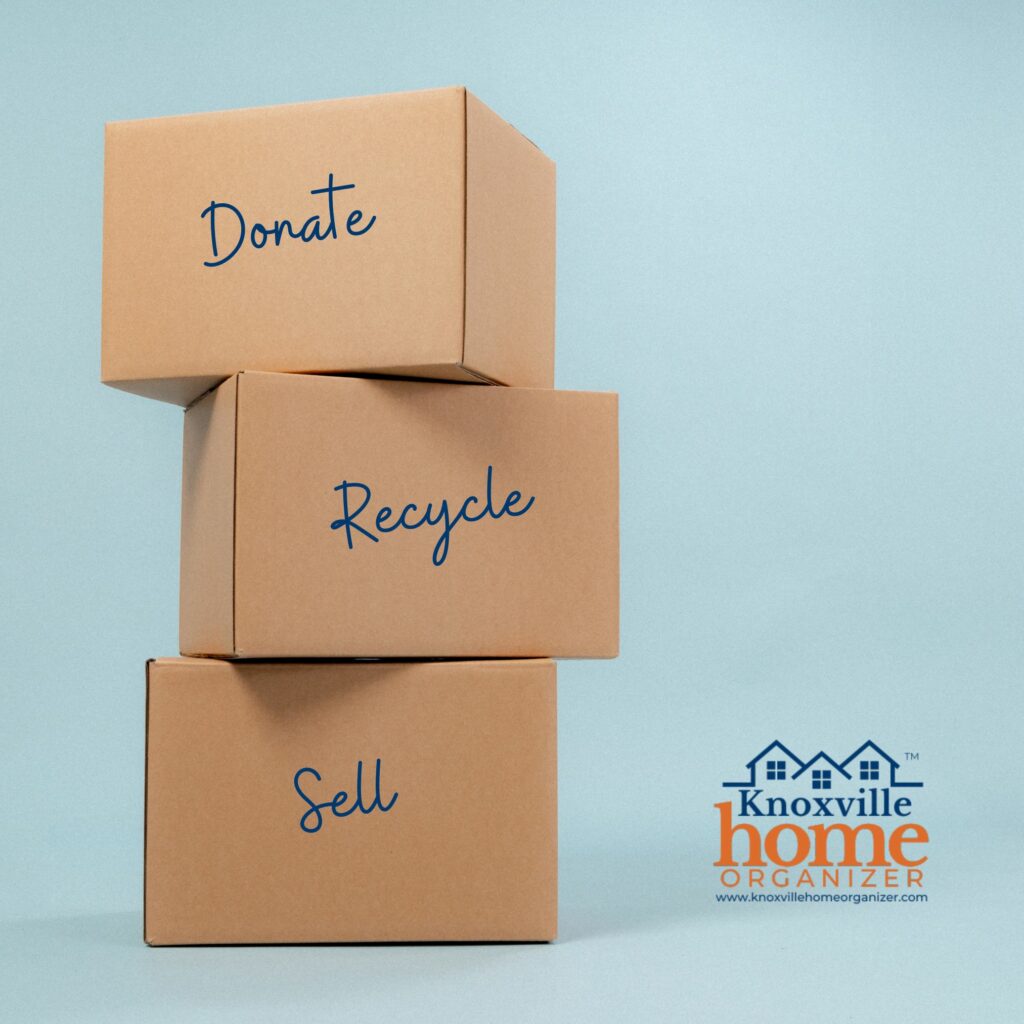 image of boxes that state "donate," "recycle," and "sell"