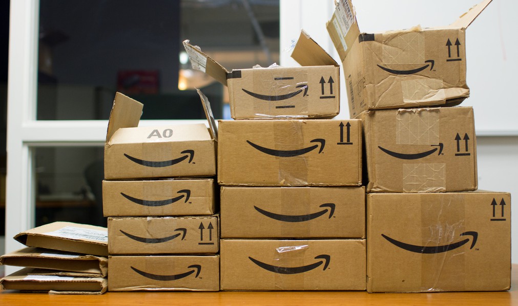 stack of Amazon boxes