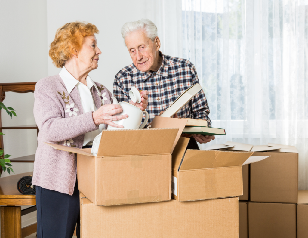 an aging adult couple considering which items they should take with them when they move